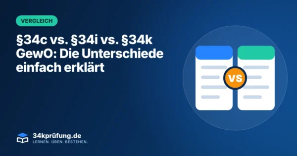 Beitragsbild „§34c vs. §34i vs. §34k GewO“ mit Illustration: Zwei Vergleichsspalten mit VS-Symbol