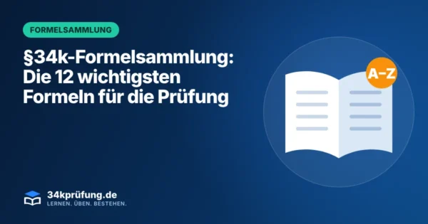 Beitragsbild „§34k-Formelsammlung“ mit Illustration: Aufgeschlagenes Buch mit A–Z-Symbol