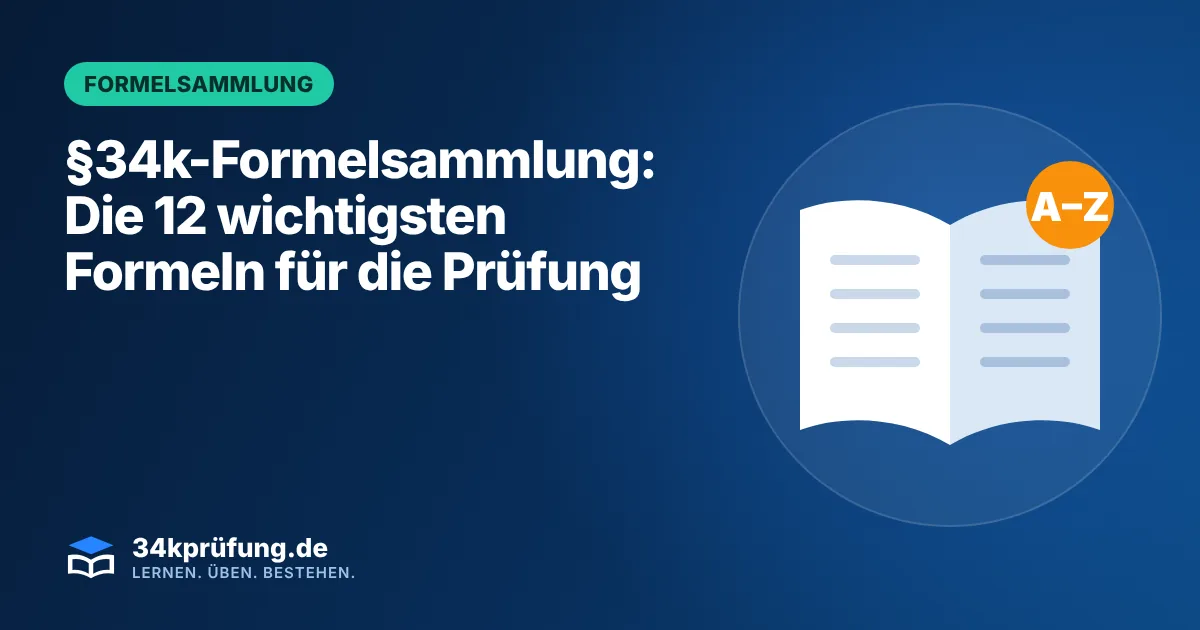 Beitragsbild „§34k-Formelsammlung“ mit Illustration: Aufgeschlagenes Buch mit A–Z-Symbol
