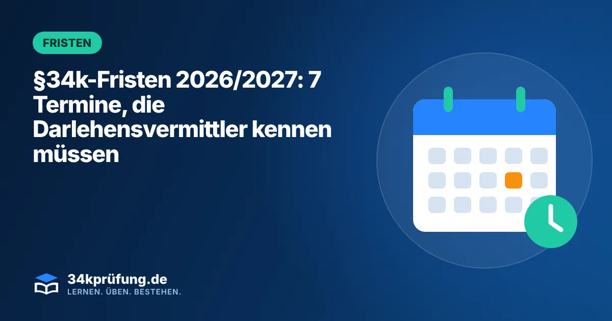 Beitragsbild „§34k-Fristen 2026/2027“ mit Illustration: Kalender mit markiertem Stichtag und Uhr