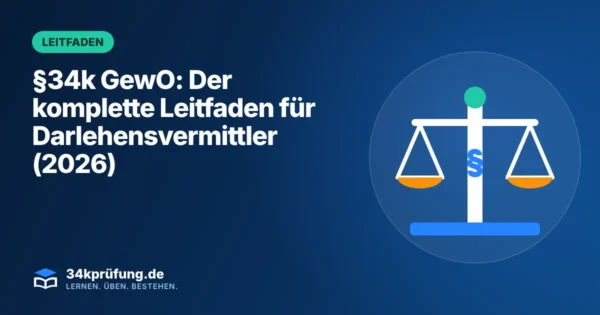 Beitragsbild „§34k GewO“ mit Illustration: Waage mit Paragrafenzeichen