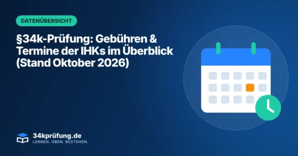 Beitragsbild „§34k-Prüfung“ mit Illustration: Kalender mit markiertem Stichtag und Uhr