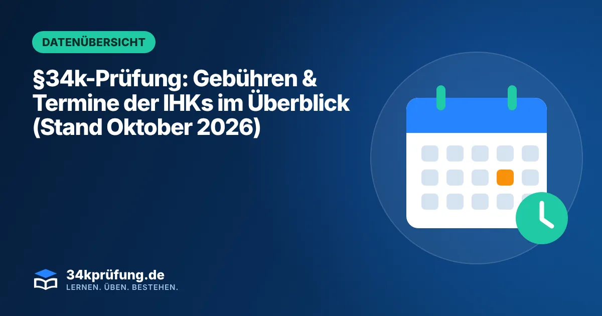 Beitragsbild „§34k-Prüfung“ mit Illustration: Kalender mit markiertem Stichtag und Uhr