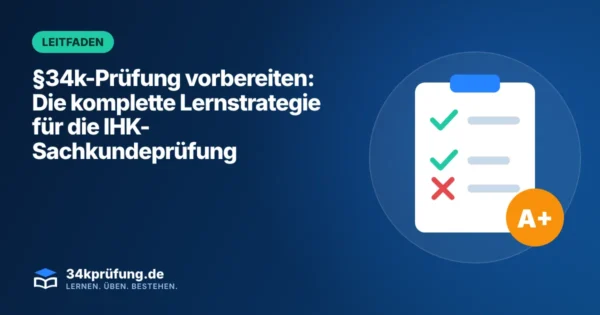 Beitragsbild „§34k-Prüfung vorbereiten“ mit Illustration: Prüfungsbogen mit Häkchen und Note A+