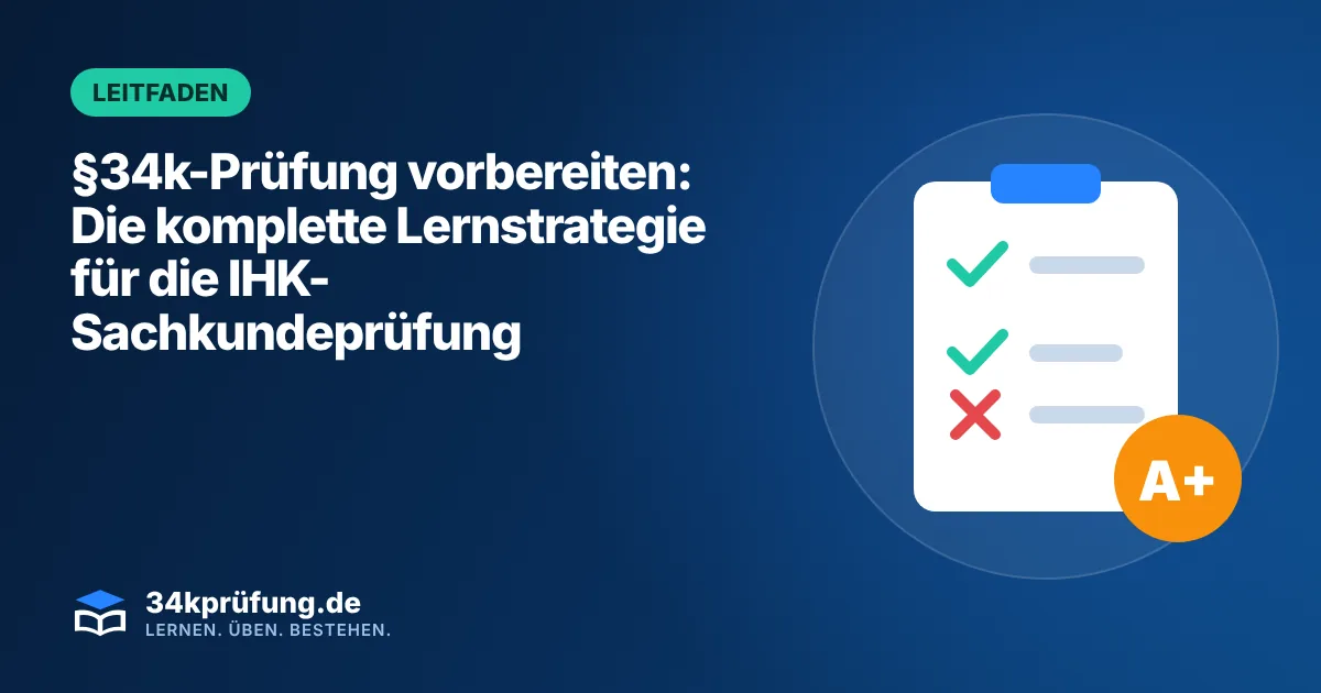 Beitragsbild „§34k-Prüfung vorbereiten“ mit Illustration: Prüfungsbogen mit Häkchen und Note A+