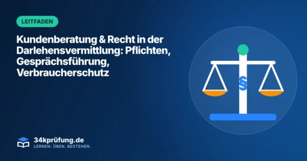 Beitragsbild „Kundenberatung & Recht in der Darlehensvermittlung“ mit Illustration: Waage mit Paragrafenzeichen
