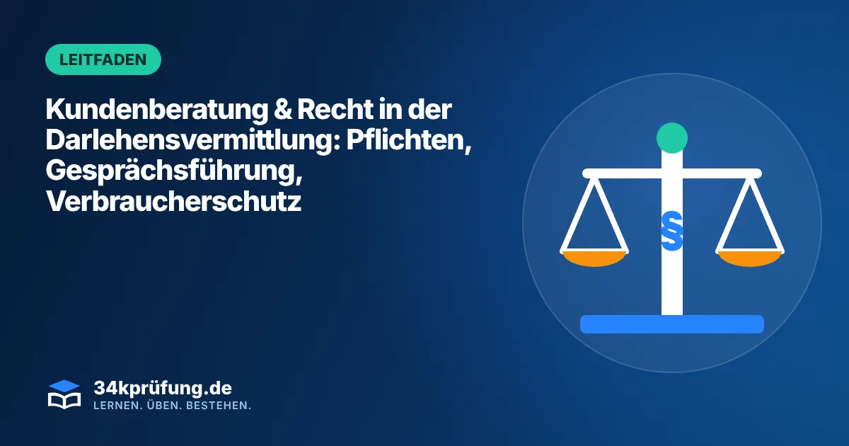 Beitragsbild „Kundenberatung & Recht in der Darlehensvermittlung“ mit Illustration: Waage mit Paragrafenzeichen
